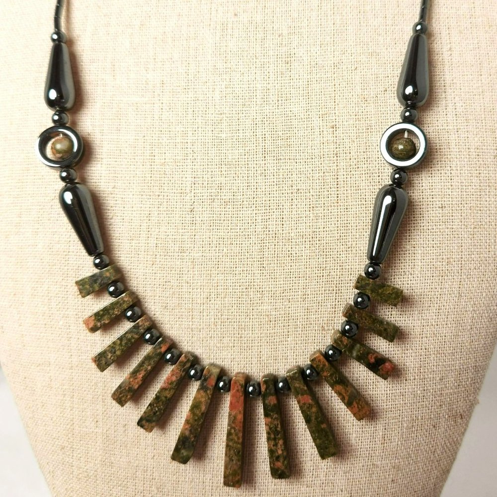 Vintage Unakite Tabs Strung on Pewter Tone Beads 22 inches Long